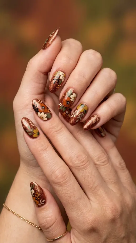 Burnished Copper Floral Glitter Nails