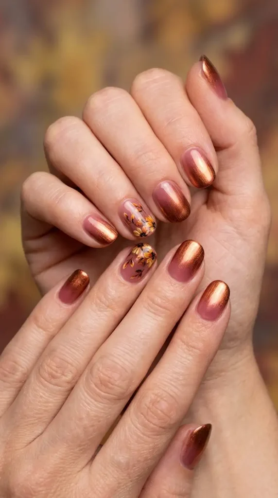 Burnished Copper Floral Ombre Nails