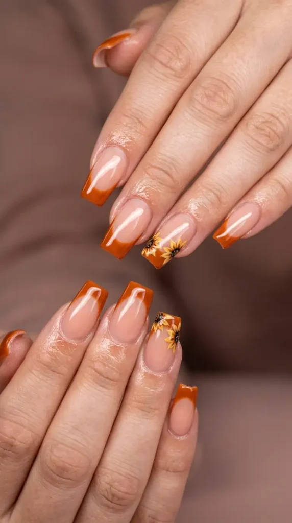 Burnt Orange Acrylic Sunflower French Tips