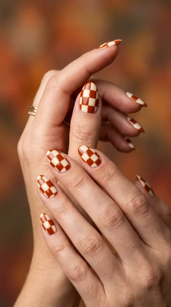 Burnt Orange Checkerboard Nails