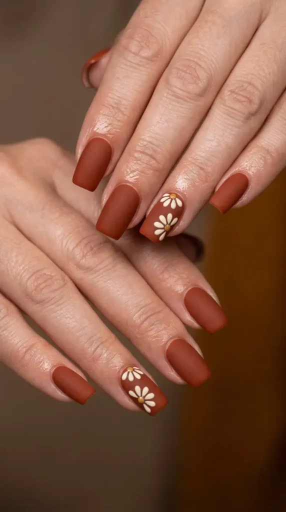 Burnt Orange Daisy Accent Nails