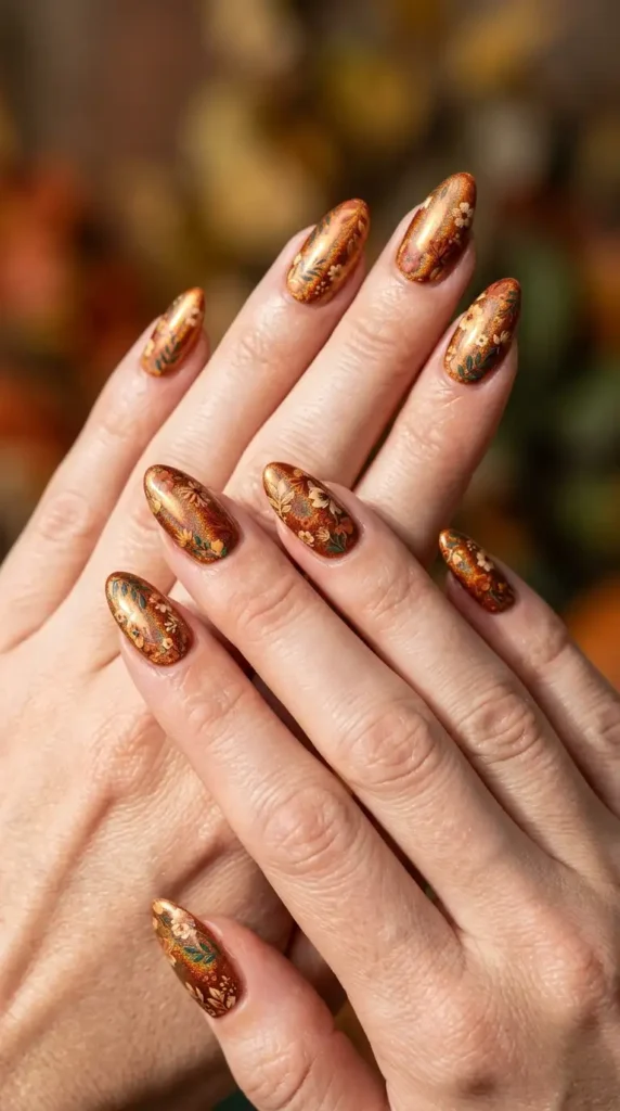 Burnt Orange Floral Almond Nails