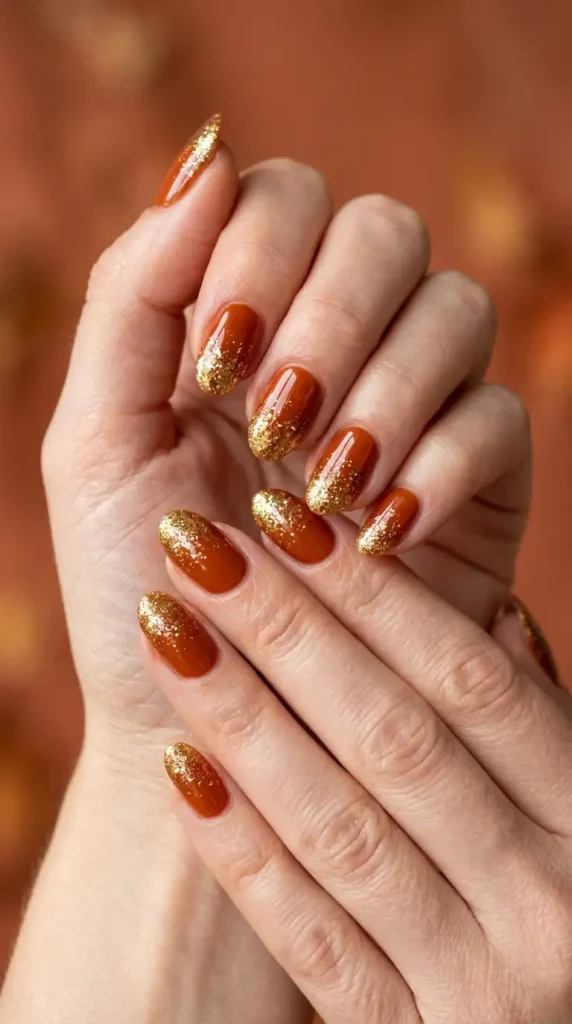 Burnt Orange & Gold Glitter Nails