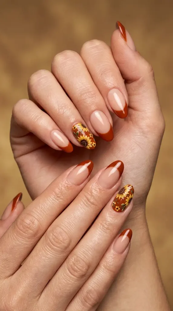 Burnt Orange Sunflower French Tips