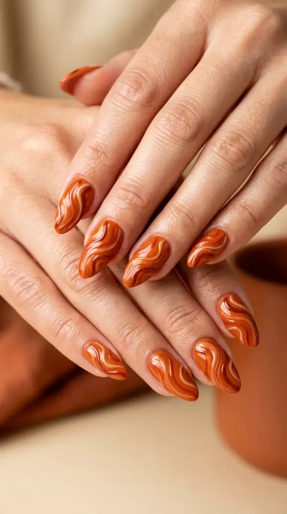 Burnt Orange Swirl Almond Nails