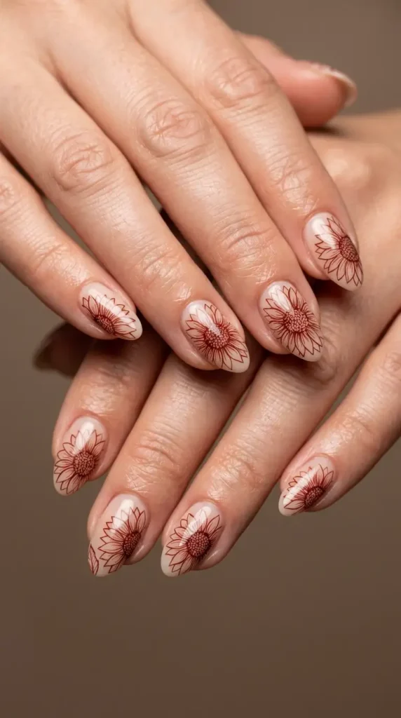 Burnt Red Floral Outline Nails