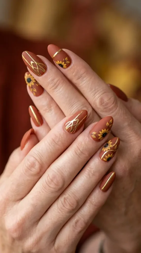 Burnt Sienna Acrylic Nails with Gold Chrome Lines