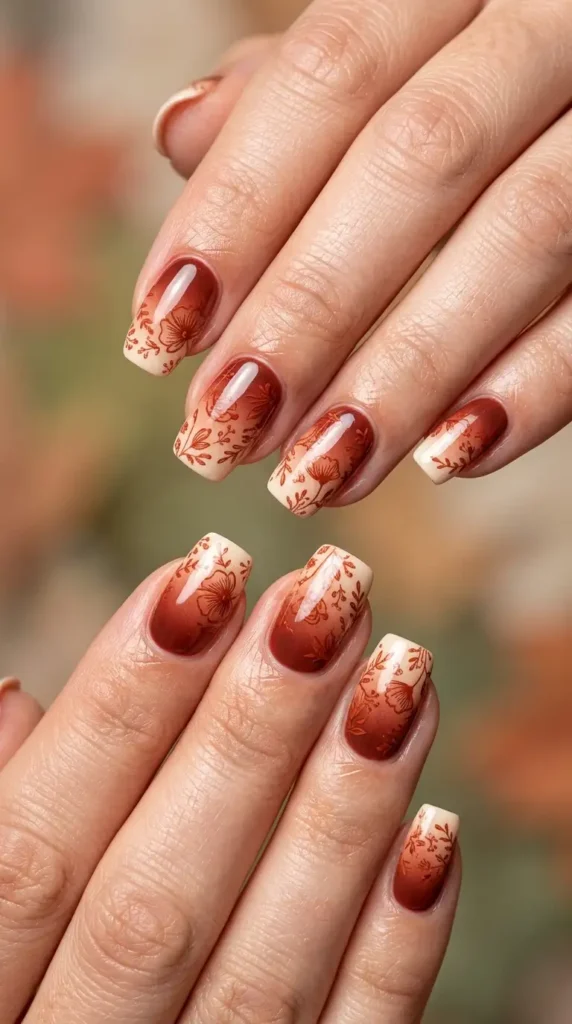 Burnt Sienna Floral Gradient Nails