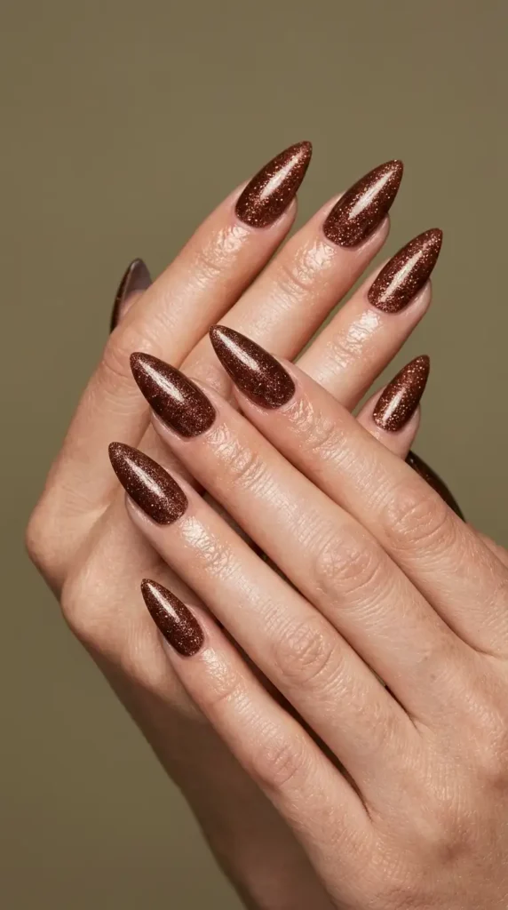 Burnt Umber Glitter Stiletto Nails