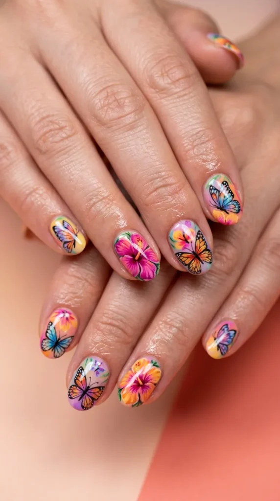 Butterfly Hibiscus Floral Nails