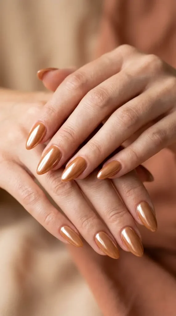 Caramel Chrome Almond Nails