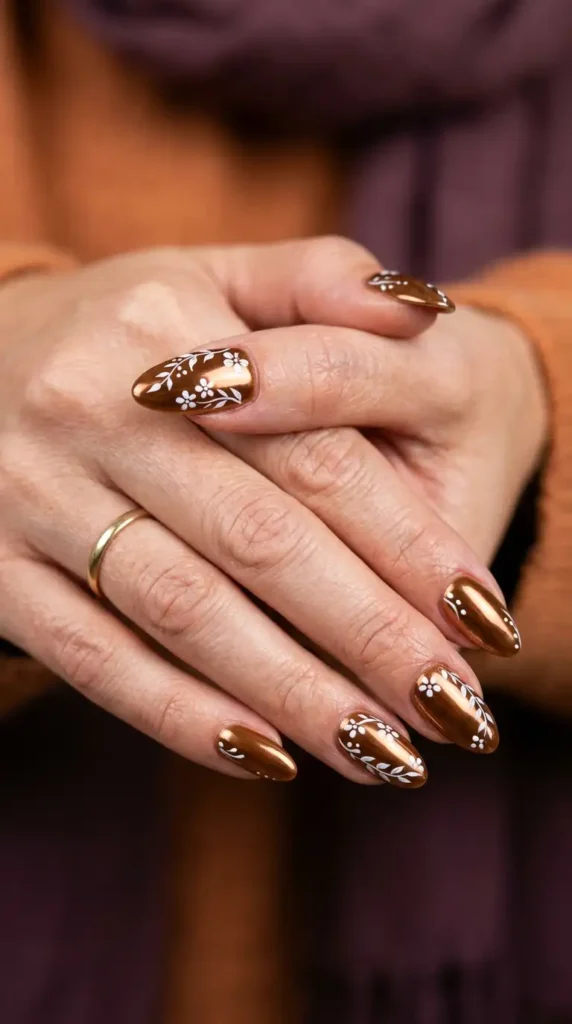 Caramel Chrome Nails with Delicate Flowers