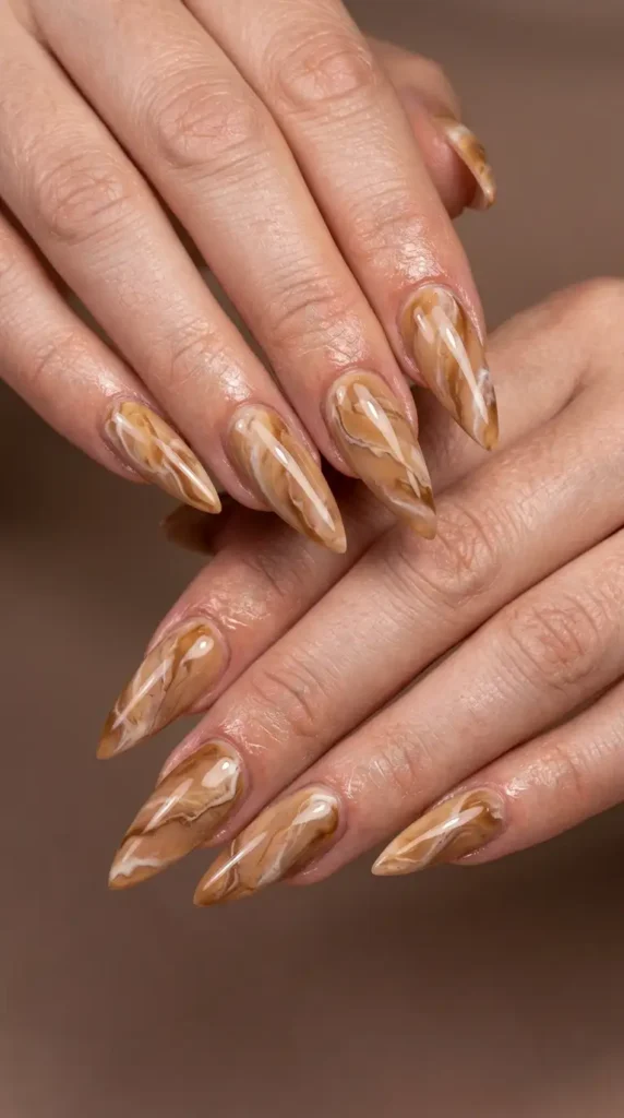 Caramel Marble Stiletto Nails