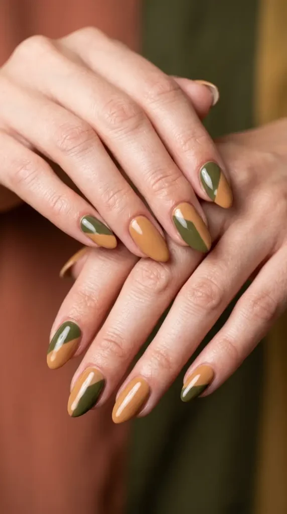 Caramel & Olive Color Block Nails