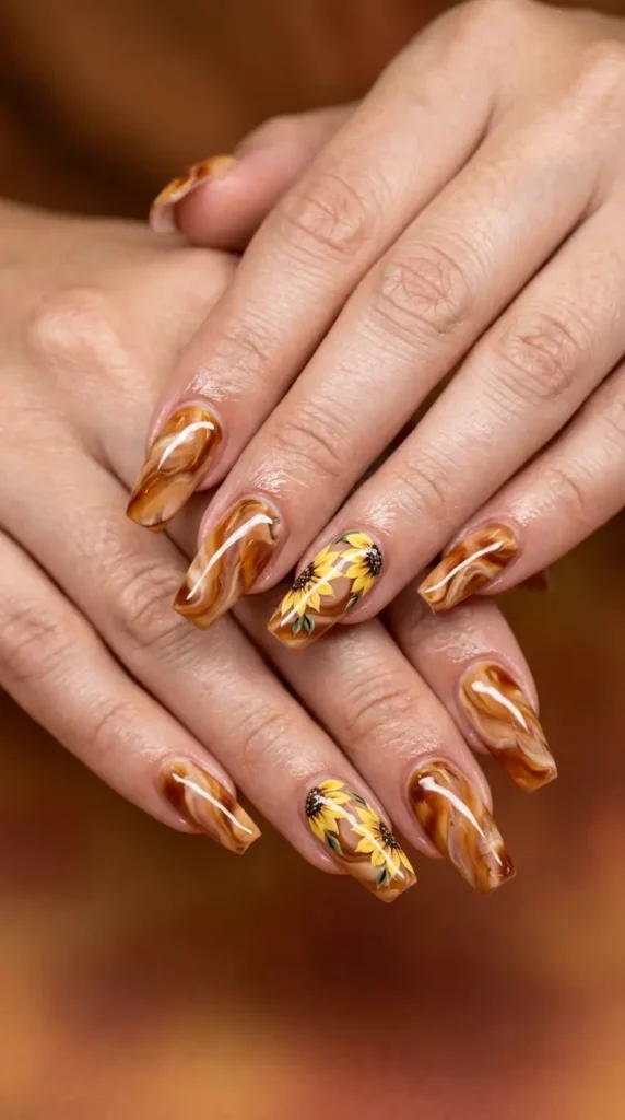 Caramel Swirl Acrylic Nails with Floral Details