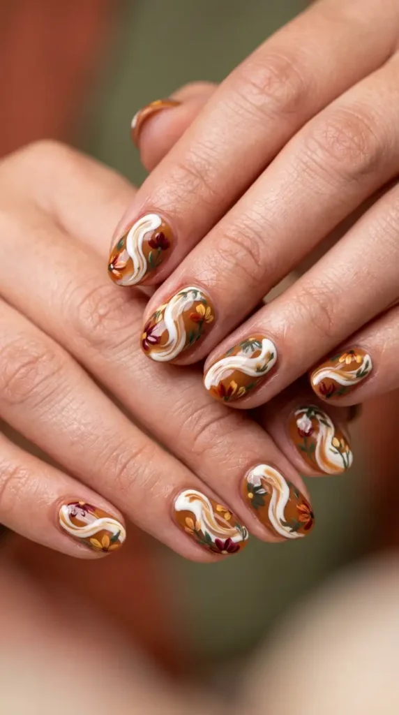 Caramel Swirl & Floral Mix Nails
