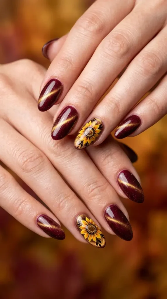 Cat Eye Sunflower Accent Nails (Trending)