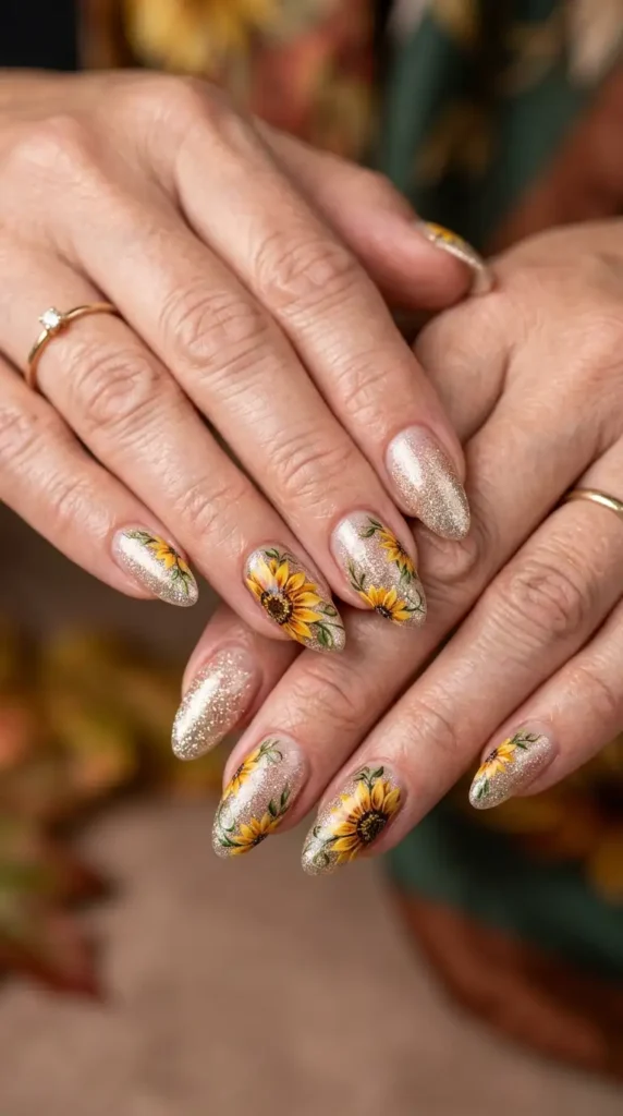 Champagne Glitter Acrylic Nails with Autumn Florals