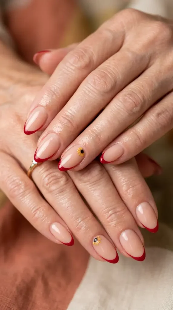 Cherry Red Micro French with Sunflower Accent