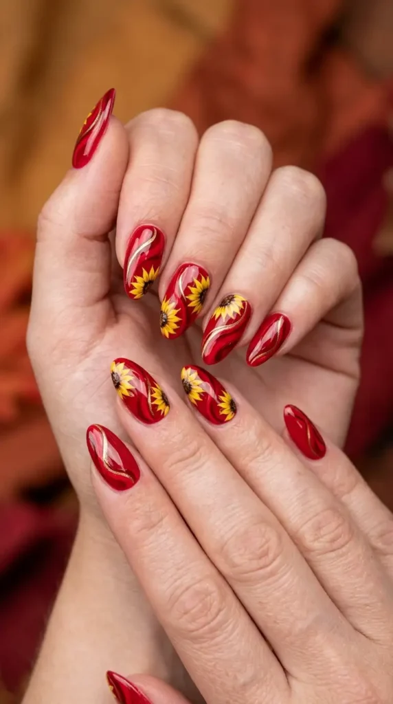 Cherry Red Swirl and Sunflower Nails