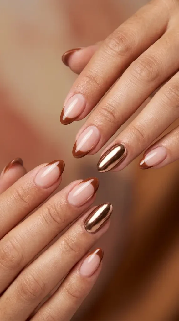Chestnut Brown French Tips and Chrome Accent Nail