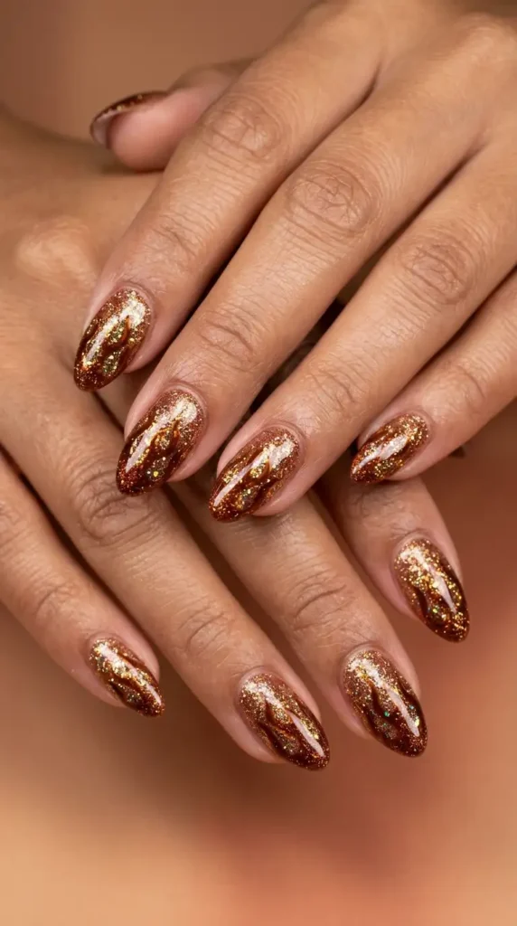 Chestnut Brown Glitter Flame Nails