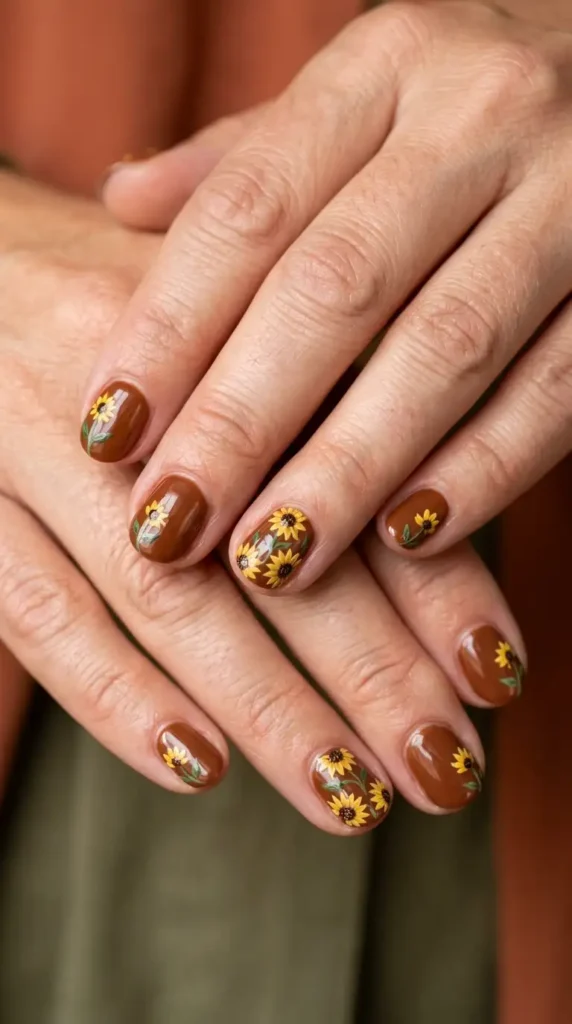 Chestnut Brown Nails with Tiny Sunflowers