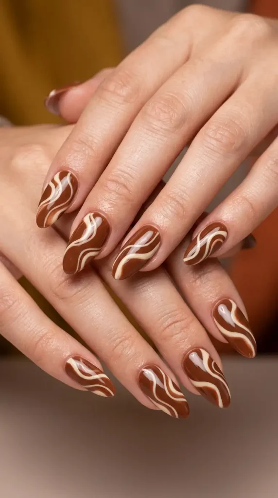 Chestnut Brown Swirl Nails