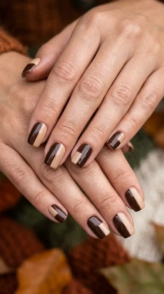 Chocolate and Beige Color Block Nails