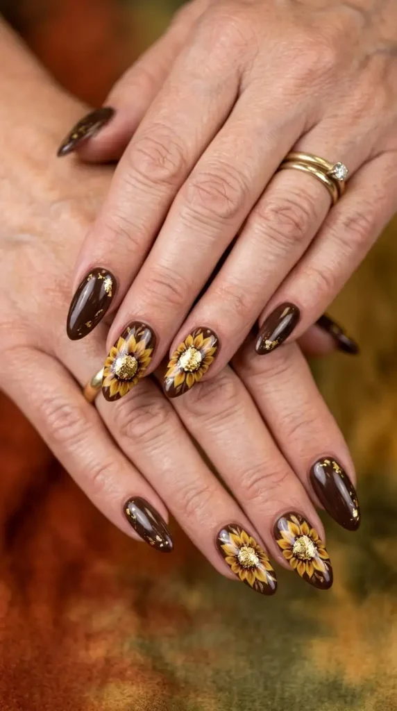Chocolate Brown Acrylic Nails with Gold Sunflower Details