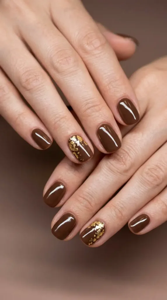 Chocolate Brown and Gold Foil Accent Nails