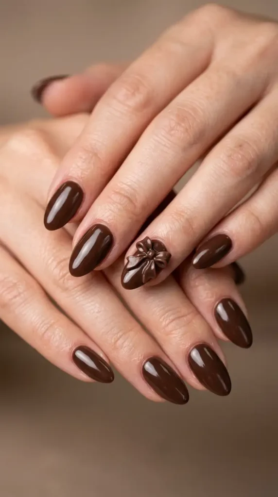 Chocolate Brown Bow Nail Design