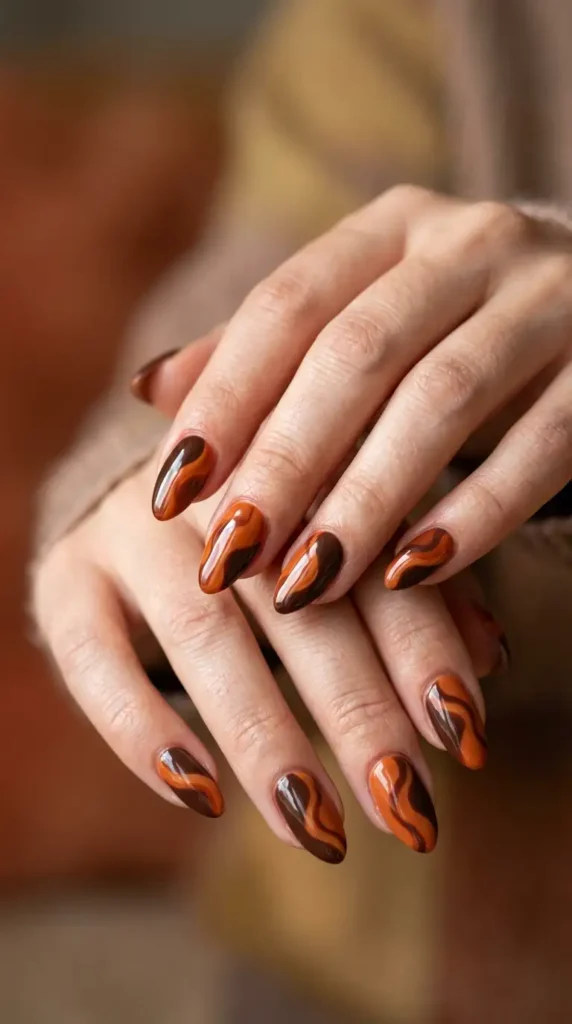Chocolate Brown & Burnt Orange Combo Nails