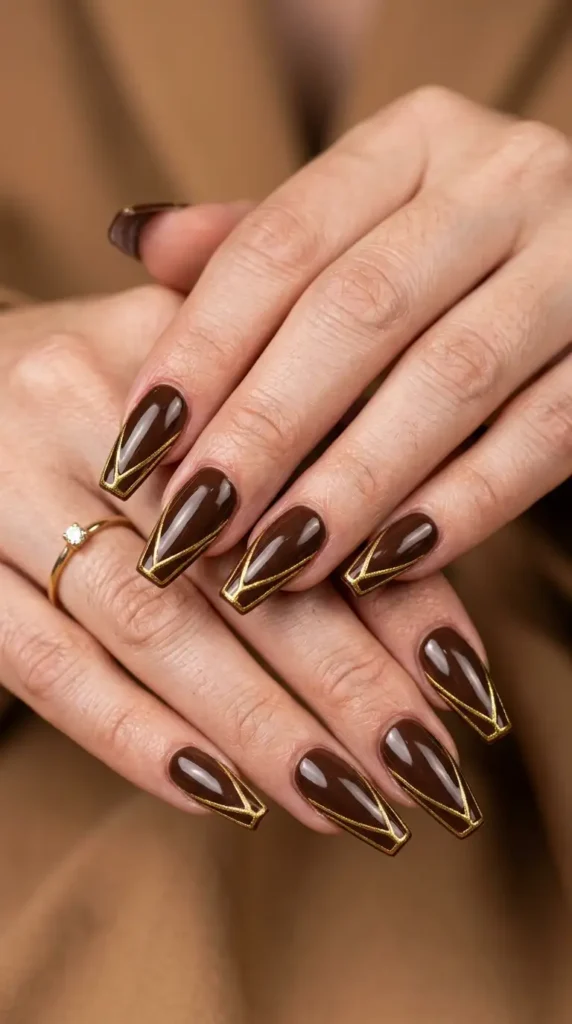 Chocolate Brown Coffin Nails with Gold Lines