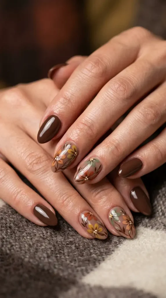 Chocolate Brown Floral Fall Nails