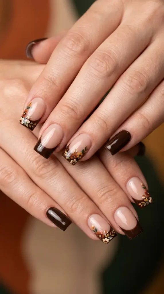 Chocolate Brown Floral French Manicure