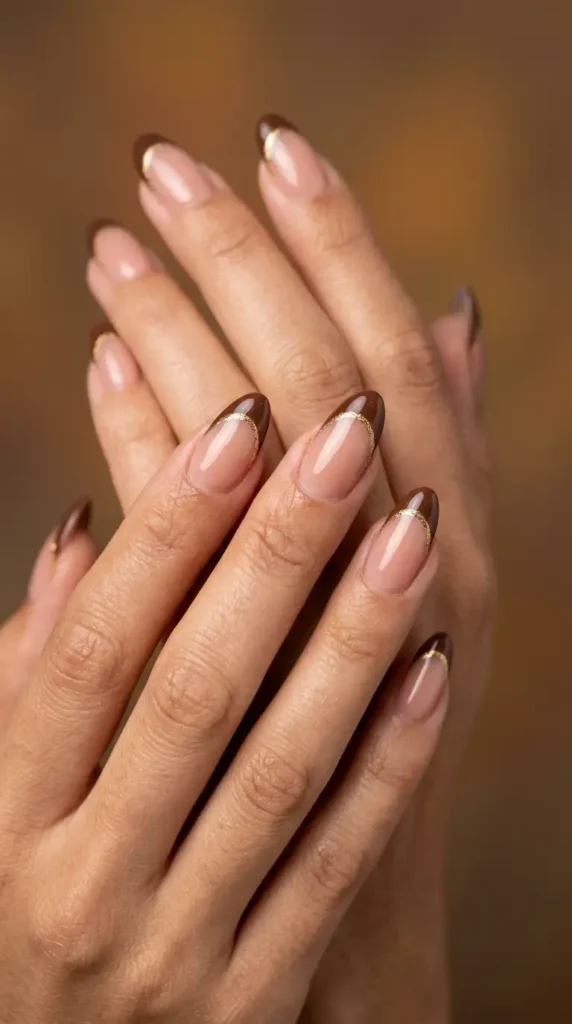 Chocolate Brown French Tips with Gold Outline