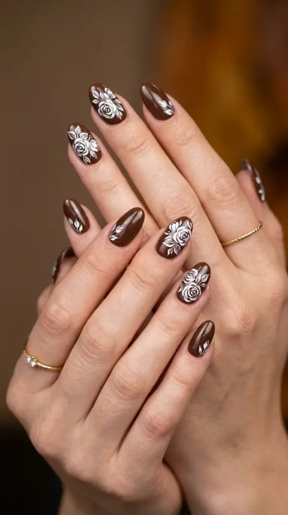 Chocolate Brown Nails with White Floral Art