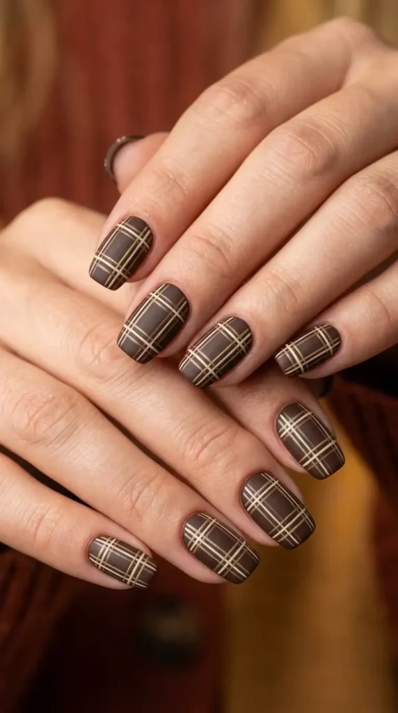 Chocolate Brown Plaid Fall Nails