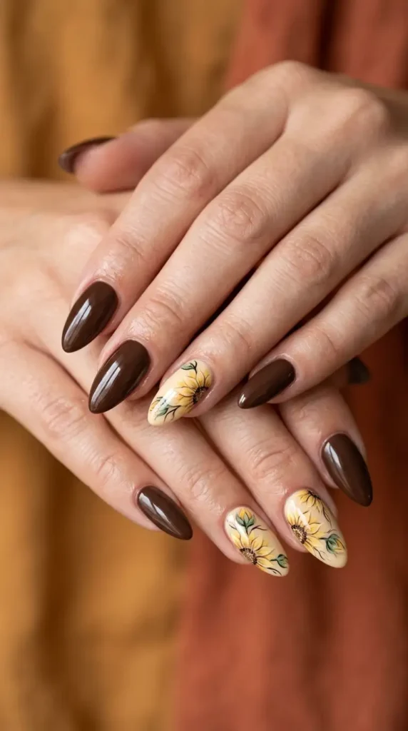 Chocolate Brown & Sunflower Combo Nails