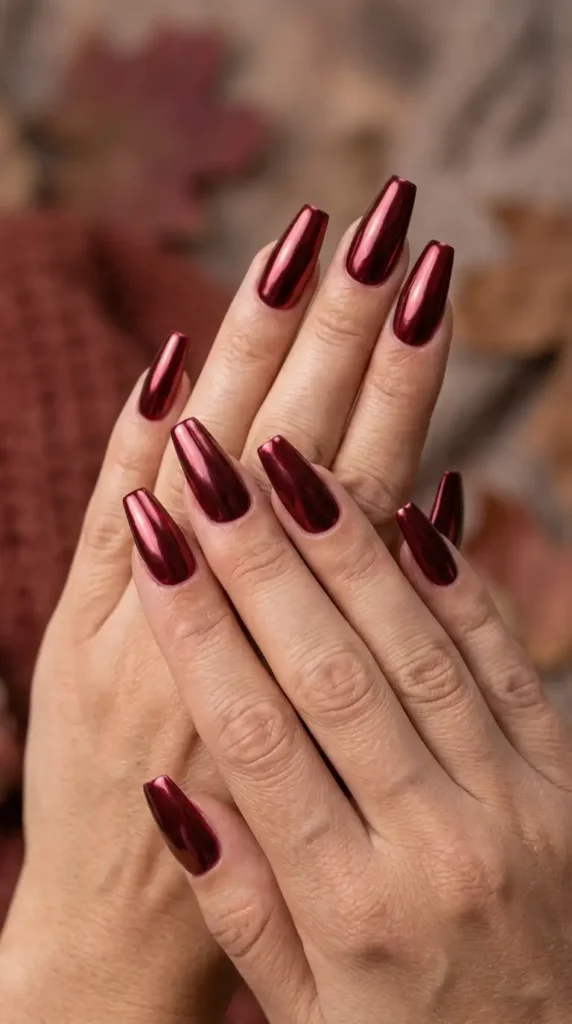 Chrome Burgundy Coffin Nails