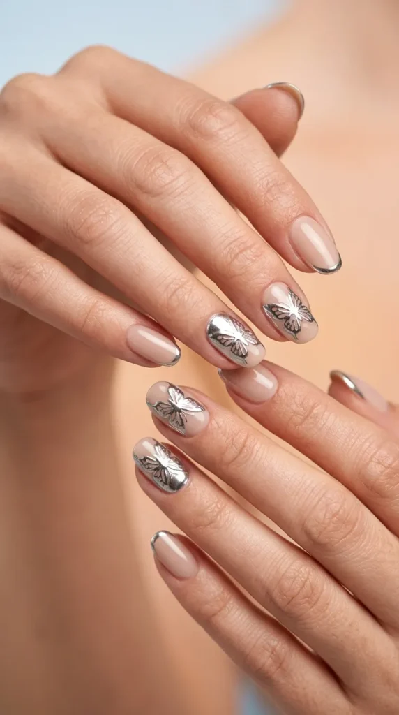 Chrome Butterfly Accent Nails