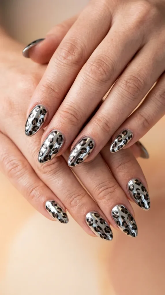 Chrome Leopard Almond Nails