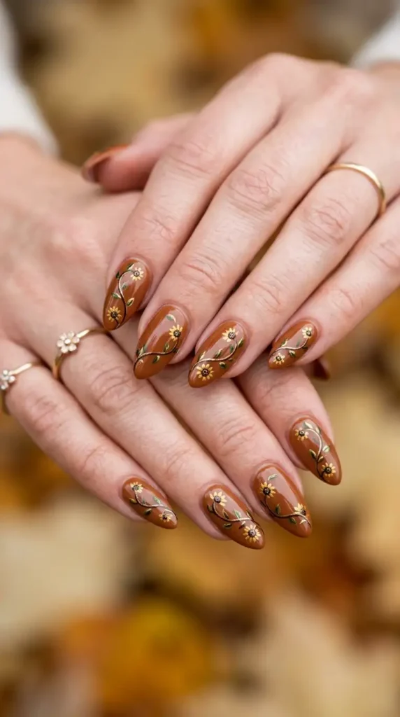 Cinnamon Brown Acrylic Nails with Floral Vine