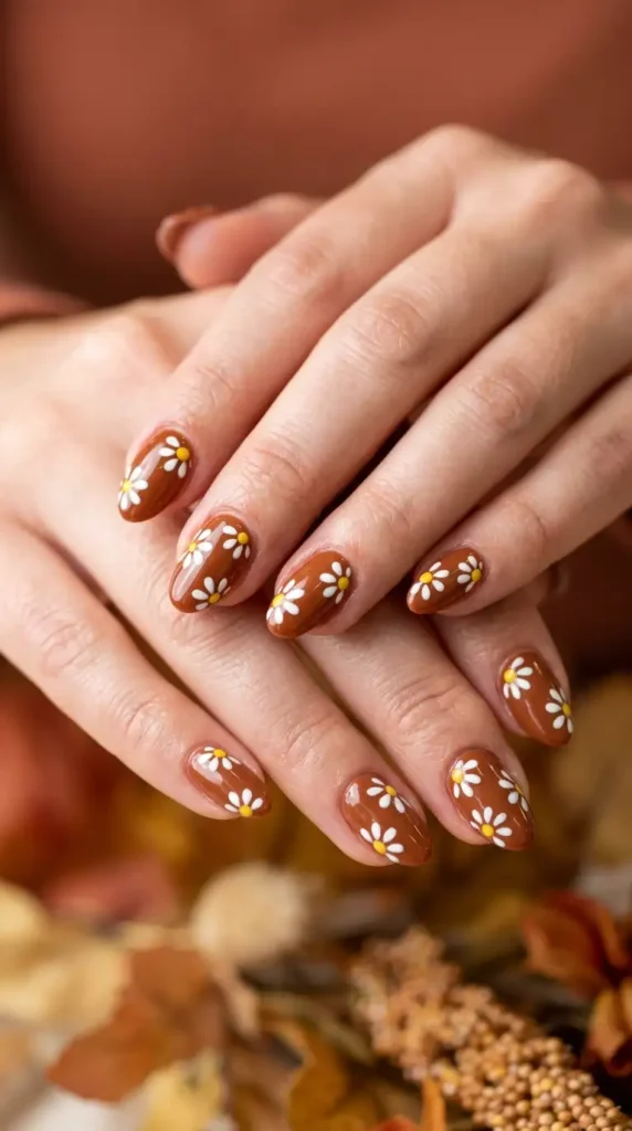 Cinnamon Brown Daisy Nail Design
