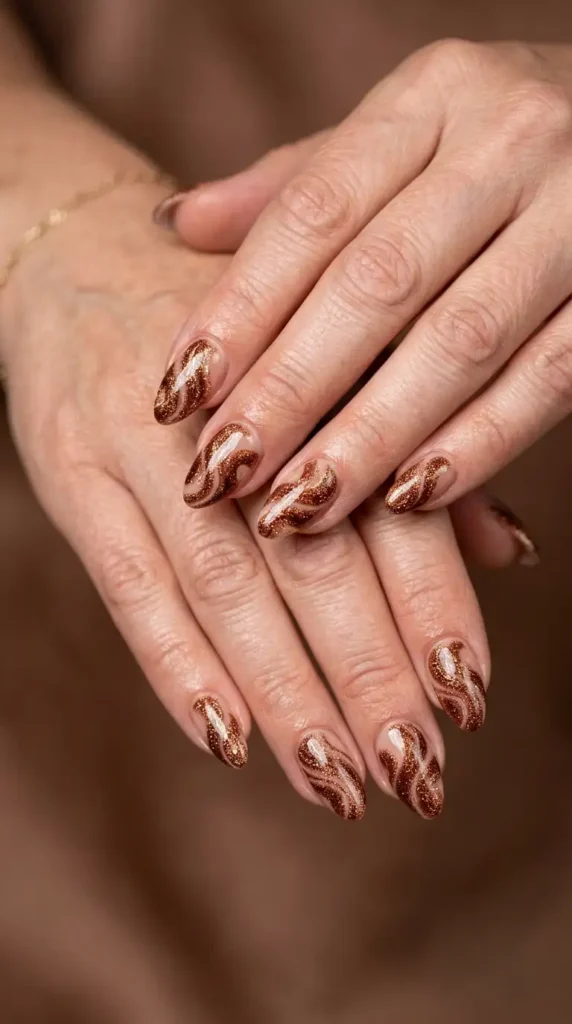 Cinnamon Brown Glitter Swirl Nails