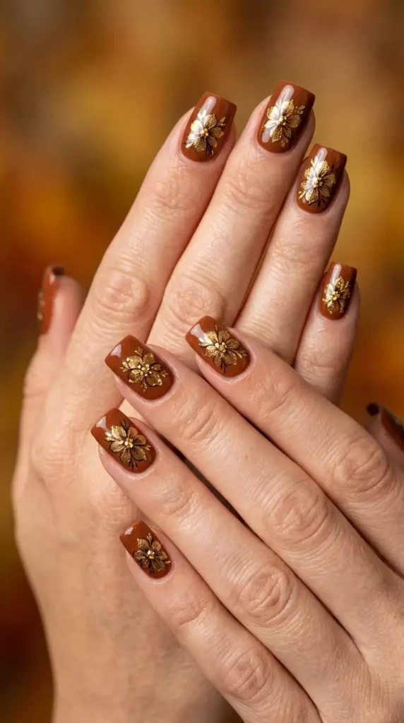 Cinnamon Brown Nails with Gold Leaf Flowers