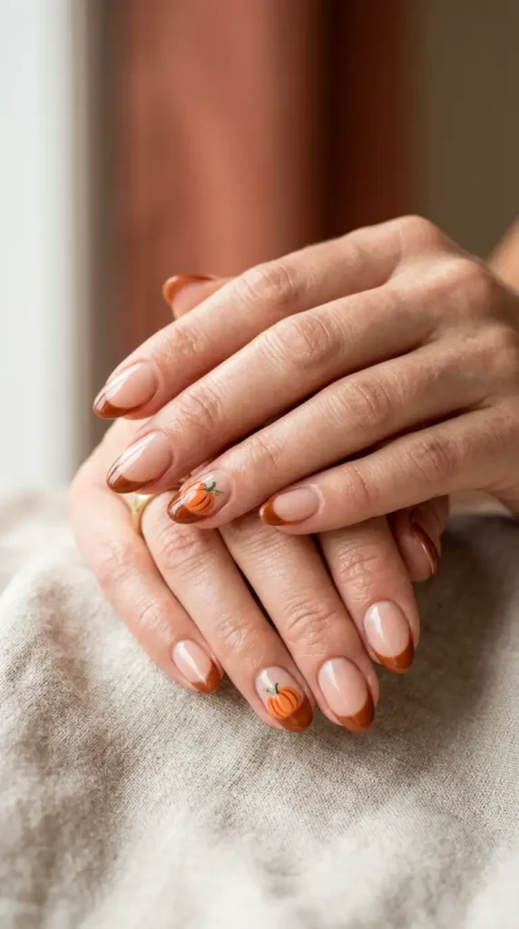 Cinnamon French Tips with Tiny Pumpkin Accent