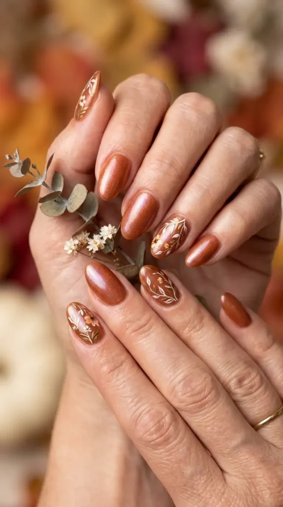 Cinnamon Glazed Nails with Floral Line Art