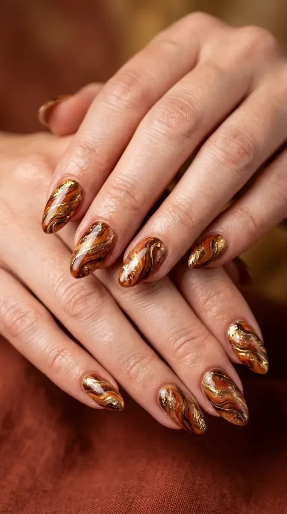 Cinnamon & Gold Marble Nails